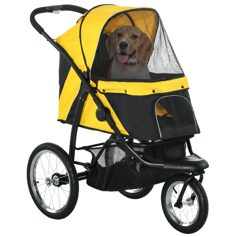 Pet Stroller Jogger for Medium, Small Dogs, Foldable Cat Pram Dog Pushchair w/ Adjustable Canopy, 3 Big Wheels – Yellow