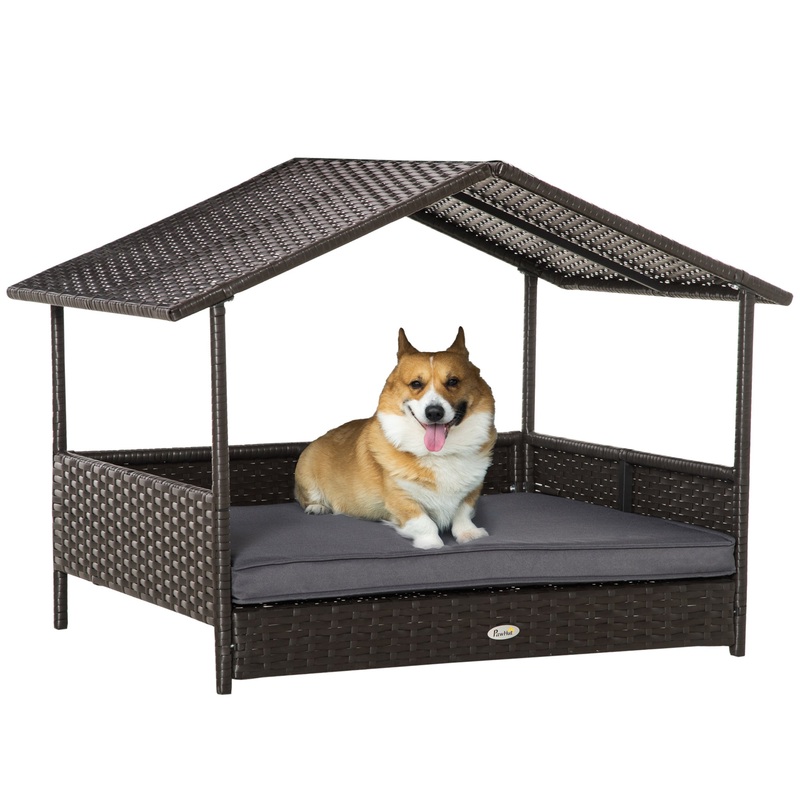 Rattan Dog House, Elevated Wicker Pet Bed Lounge with Removable Cushion and Canopy, for Small and Medium Dogs, 98 x 69 x 73cm – Grey