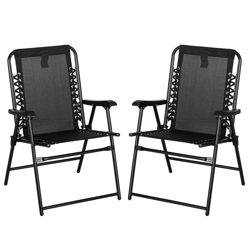 2 Pcs Patio Folding Chair Set, Outdoor Portable Loungers for Camping Pool Beach Deck, Lawn w/ Armrest Steel Frame Black