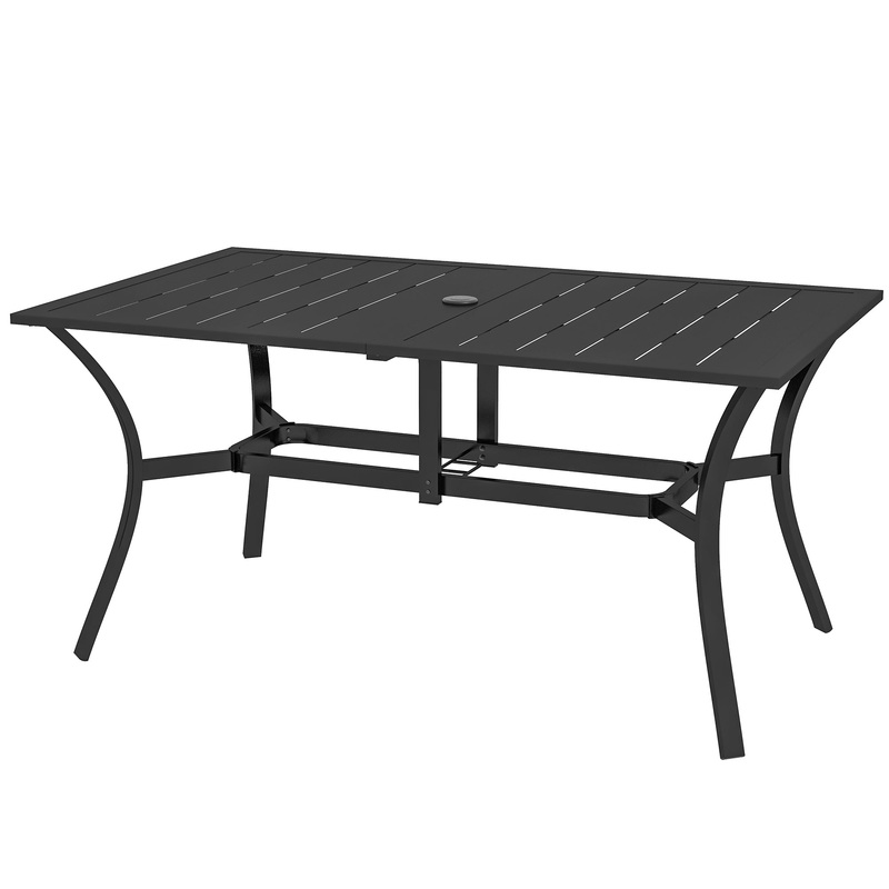Rectangle Garden Dining Table with Parasol Hole, Patio Table with Steel Frame and Slat Tabletop, 150cm x 90cm, Black