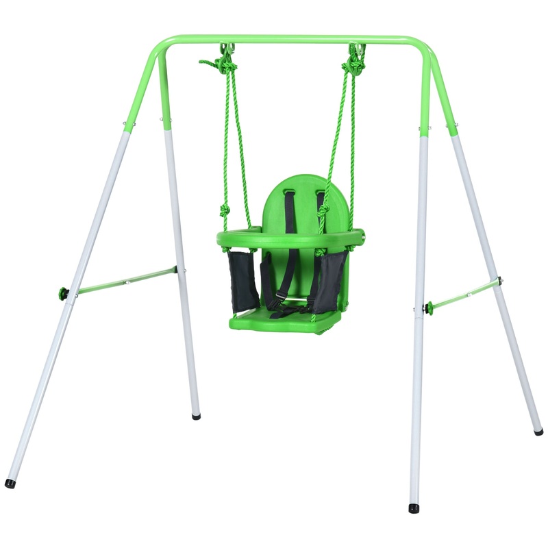 Steel Nursery Swing with Safety Seat Belt Support Back Green