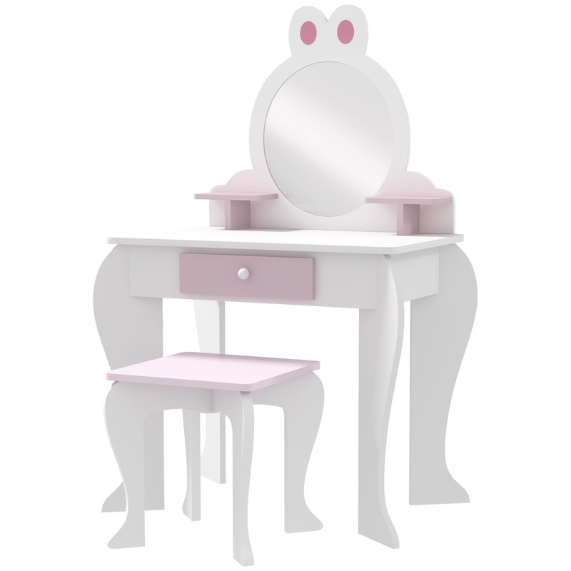 ZONEKIZ Bunny-Design Kids Dressing Table, with Mirror and Stool – White and Pink