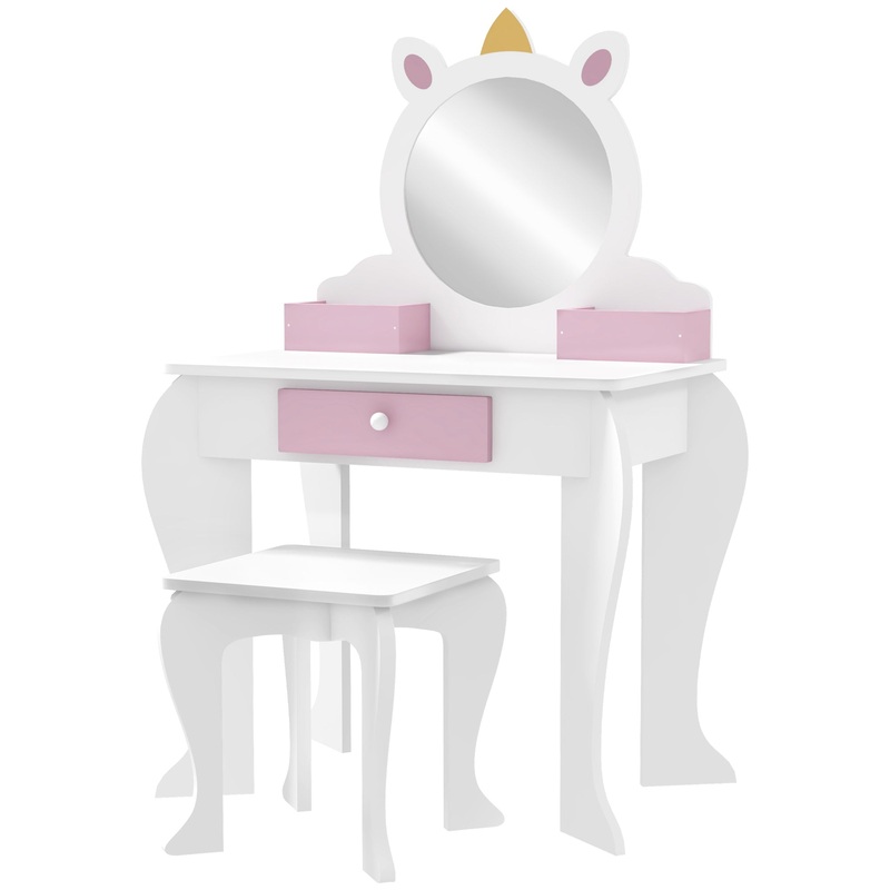 ZONEKIZ Unicorn-Design Kids Dressing Table, with Mirror and Stool – White