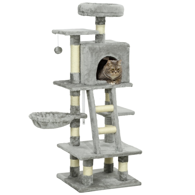 132cm Multi-Activity Cat Tree w/ House, Bed, Ladder, Scratch Post – Grey