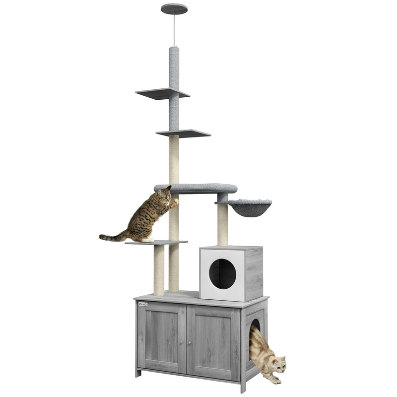 2-in-1 Hidden Litter Box with Floor-To-Ceiling Cat Tree, Indoor – Grey