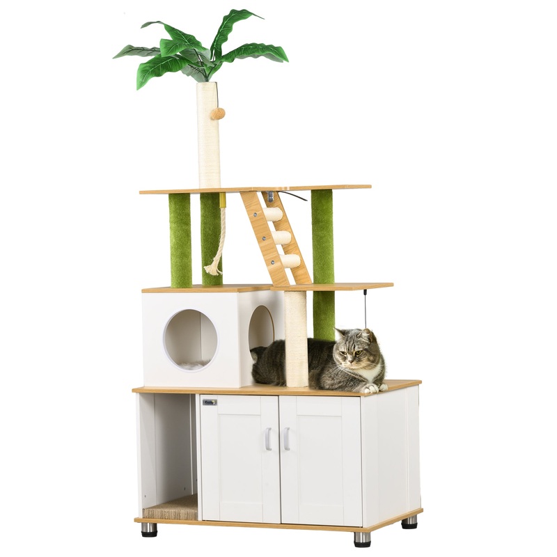 2-in-1 Hidden Litter Box with Green Leaf Cat Tree, Indoor – Oak