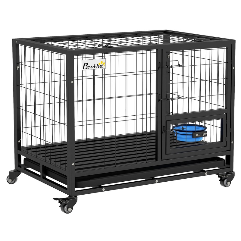 36 Heavy Duty Dog Crate on Wheels w/ Bowl Holder, Removable Tray
