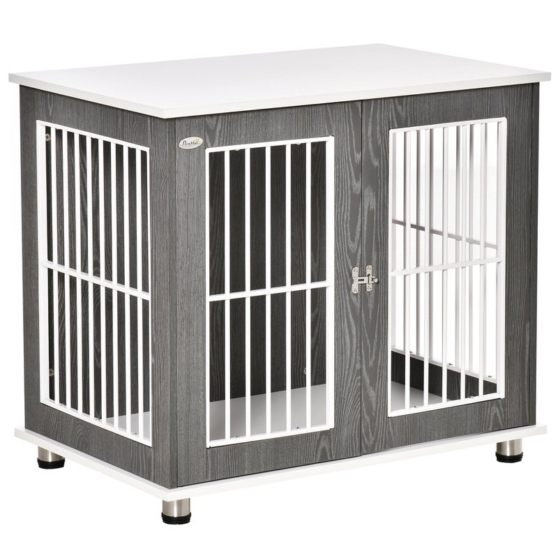 Modern Dog Crate Pet Kennel Cage w/ Lockable Door – Grey & White
