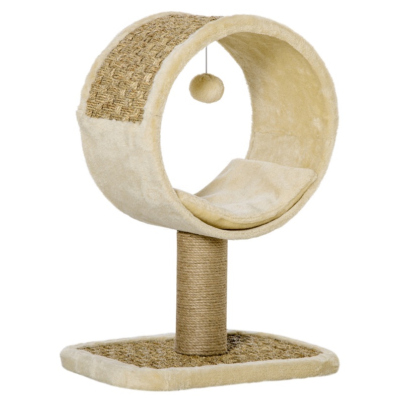 Small Cat Tree for Indoor Cats w/ Scratching Post, Tunnel, Toy – Beige