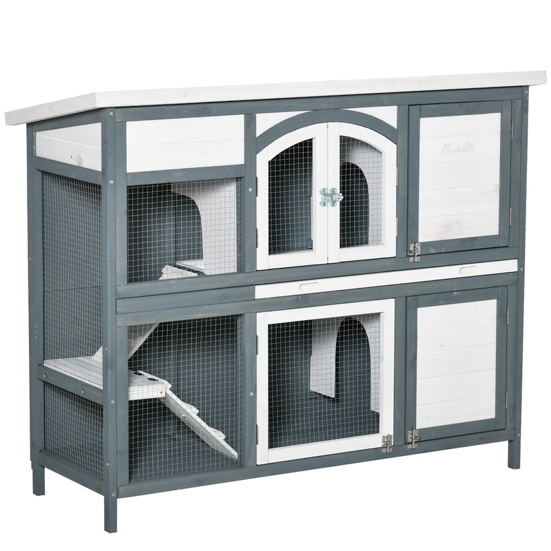 Two-Tier Wooden Rabbit Hutch w/ Openable Roof, Slide-Out Tray, Ramp