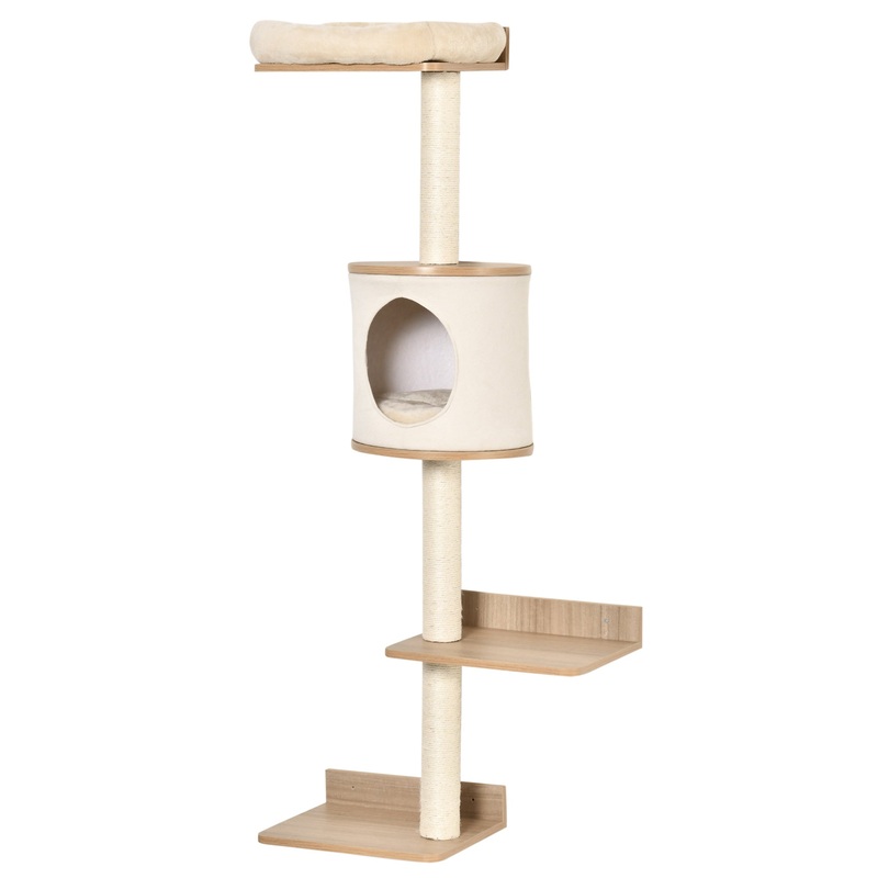 Wall-Mounted Cat Tree Shelter w/ Cat House, Bed, Scratching Post – Beige