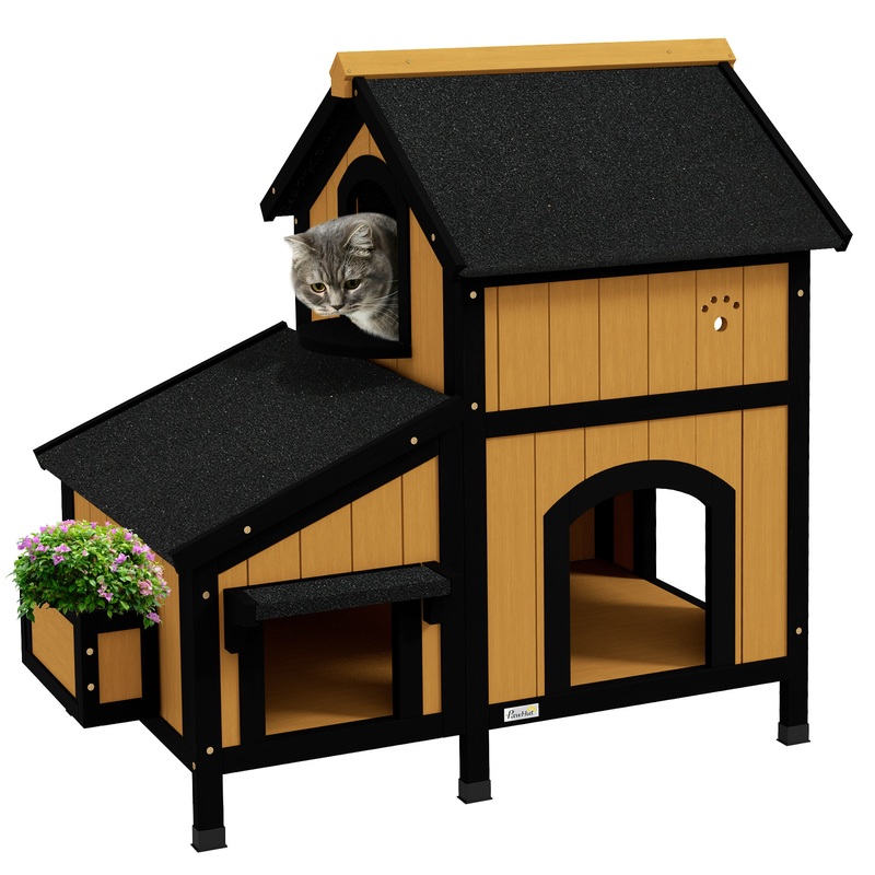 Wooden Outdoor Cat House w/ Flower Pot, Windows, Multiple Entrances