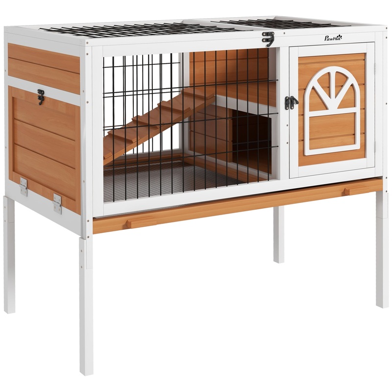Wooden Rabbit Hutch, Small Animal House w/ Removable Tray, Openable Roof