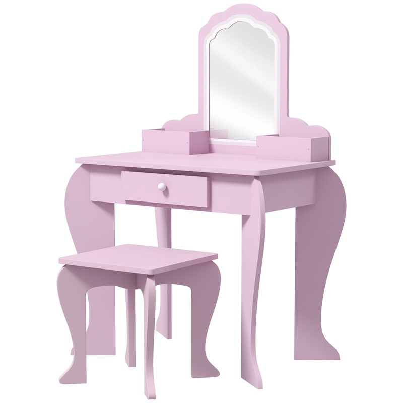 ZONEKIZ Kids Vanity Table with Mirror and Stool, Cloud Design, Drawer, Storage Boxes, for 3-6 Years Old – Pink
