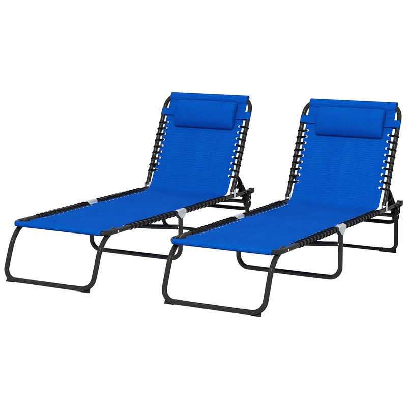 2 Pcs Folding Sun Lounger Beach Chaise Chair Garden Cot Camping Reclining with 4 Position Adjustable Blue