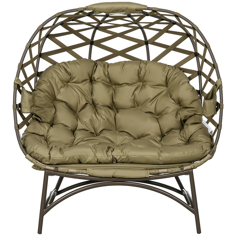 2 Seater Egg Chair Outdoor, Folding Weave Garden Furniture Chair with Cushion, Cup Pockets – Khaki
