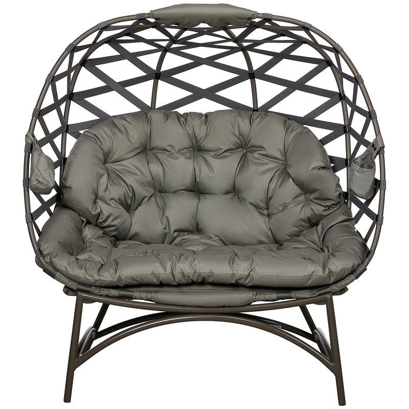 2 Seater Egg Chair Outdoor, Folding Weave Garden Furniture Chair with Cushion, Cup Pockets – Sand Brown