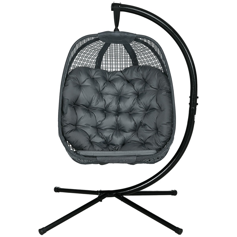 Outdoor Swing Chair w/ Thick Padded Cushion, Patio Hanging Chair w/ Metal Stand, Foldable Basket, Cup Holder, Grey