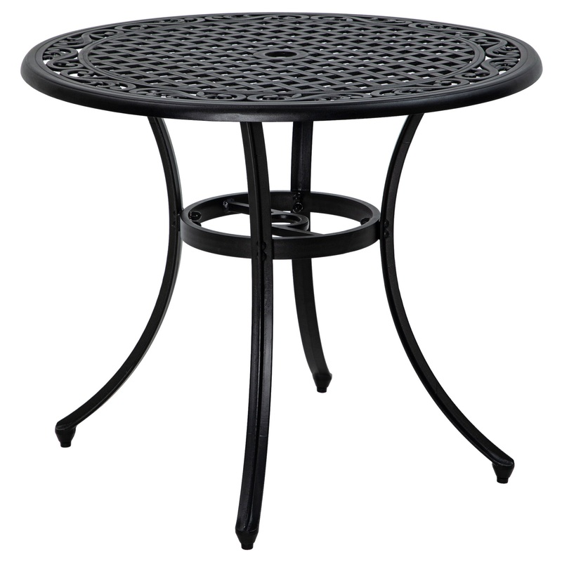 Round Garden Table with Parasol Hole, 90cm Cast Aluminium Outdoor Dining Table for 2-4 for Balcony – Black
