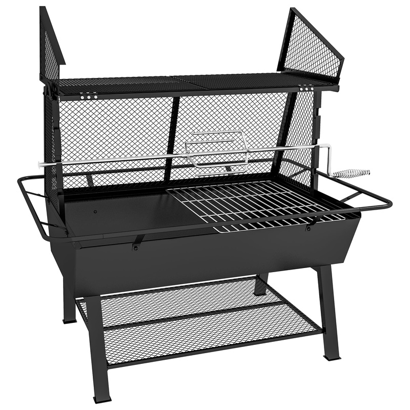 3-in-1 Charcoal Barbecue Grill, Rotisserie Roaster, Fire Pit with Storage Shelf and Mesh Lid