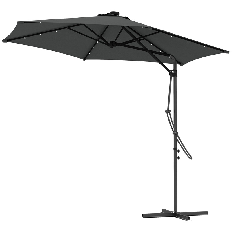 3(m) Garden Parasol Cantilever Umbrella with Solar LED, Cross Base and Waterproof Cover, Grey