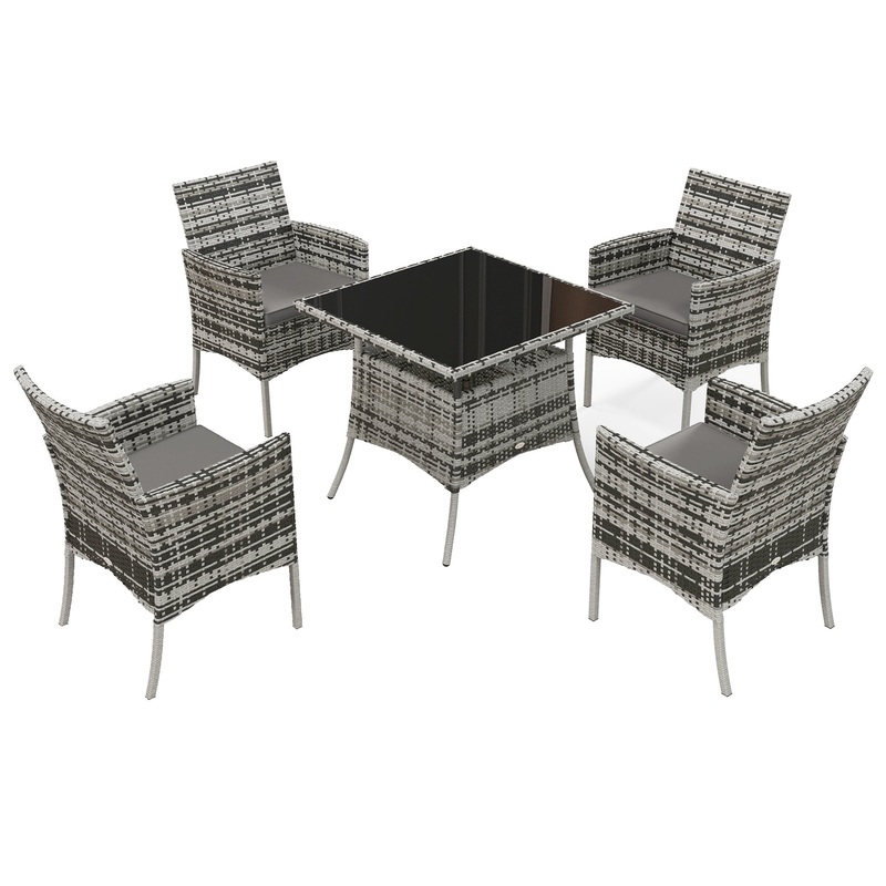 Outdoor Dining Set 5 Pieces Patio Conservatory with Tempered Glass Tabletop, 4 Dining Armchairs – Grey
