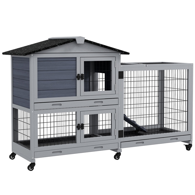 Portable Rabbit Cage, Rabbit Hutch with Run, Wheels, 3 Slide-out Trays, Ramp, Openable Top for Outdoor Indoor – Grey