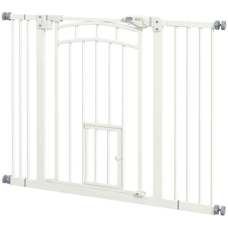 Pressure Fit Stair Dog Gate w/ Small Cat Door, Automatic Closing Door, Double Locking, for 74-100cm Openings – White