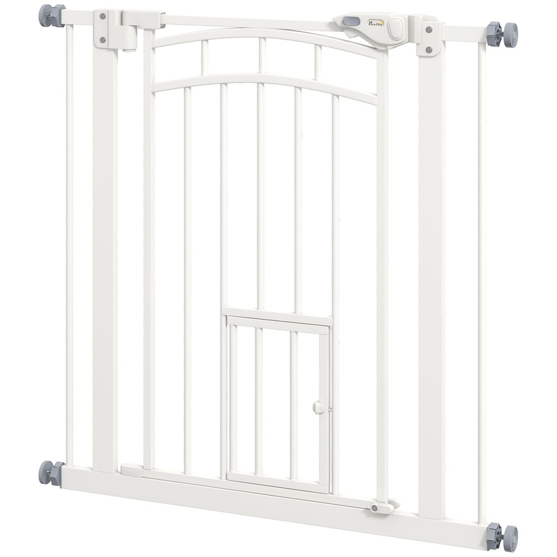 Pressure Fit Stair Gate, Dog Gate w/ Small Cat Door, Auto Closing System, Double Locking Openings, 74-80cm – White