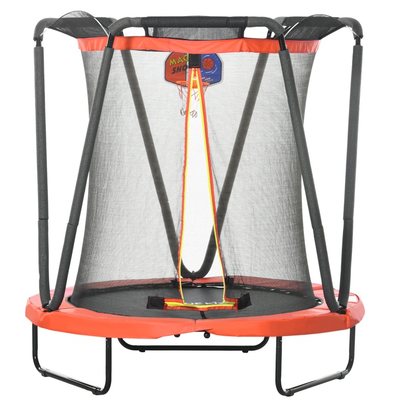 ZONEKIZ 4.6FT Kids Trampoline with Enclosure, Basketball, Sea Balls, Hoop, for Ages 3-10 Years – Red