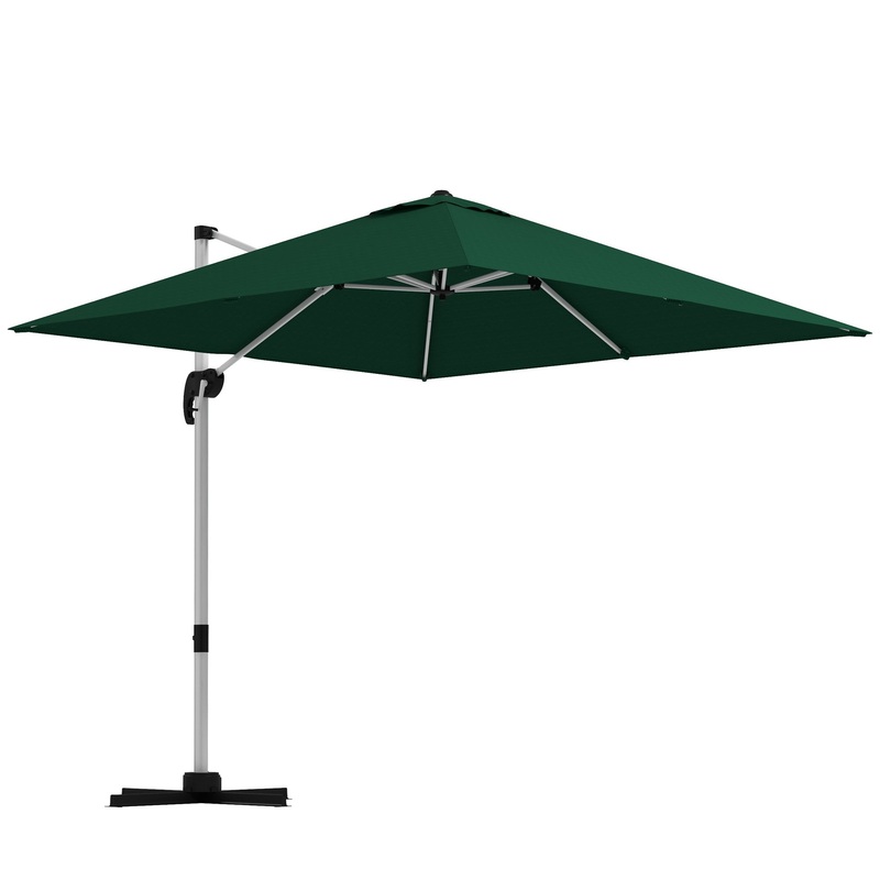 3 x 3(m) Square Cantilever Parasol with Cross Base, Crank Handle, Tilt, 360 Rotation and Aluminium Frame, Green