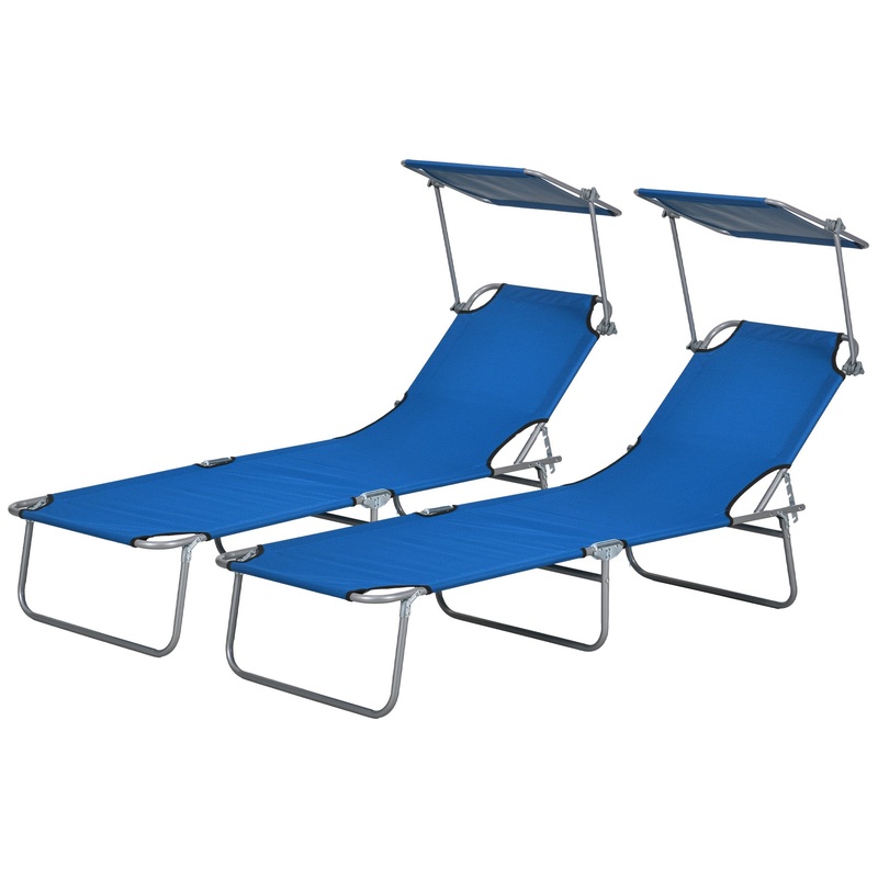 Outdoor Foldable Sun Lounger Set of 2, 4 Level Adjustable Backrest Reclining Sun Lounger Chair with Angle Adjust Sun Shade Awning for Beach, Garden, Patio, Brown