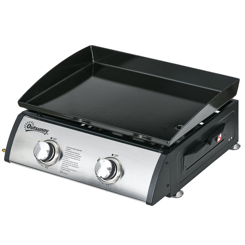 Portable Tabletop Gas Plancha Grill w/ 2 Stainless Steel Burner, 10kW, Non-Stick Griddle for BBQ Camping Picnic Party
