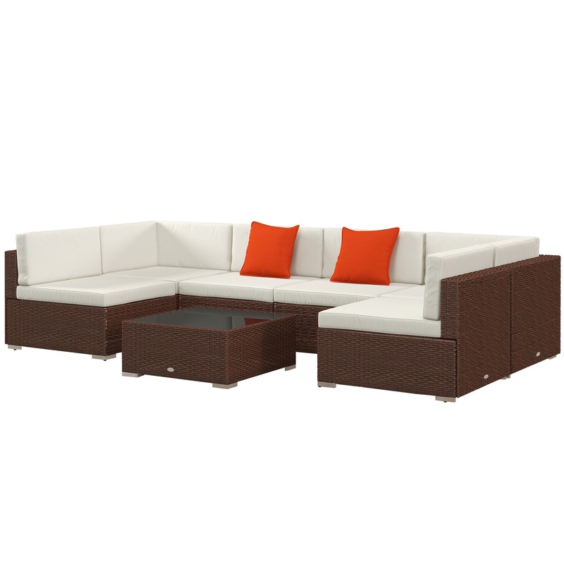 Seven-Piece Garden Rattan Set, with Glass-Top Table – Brown