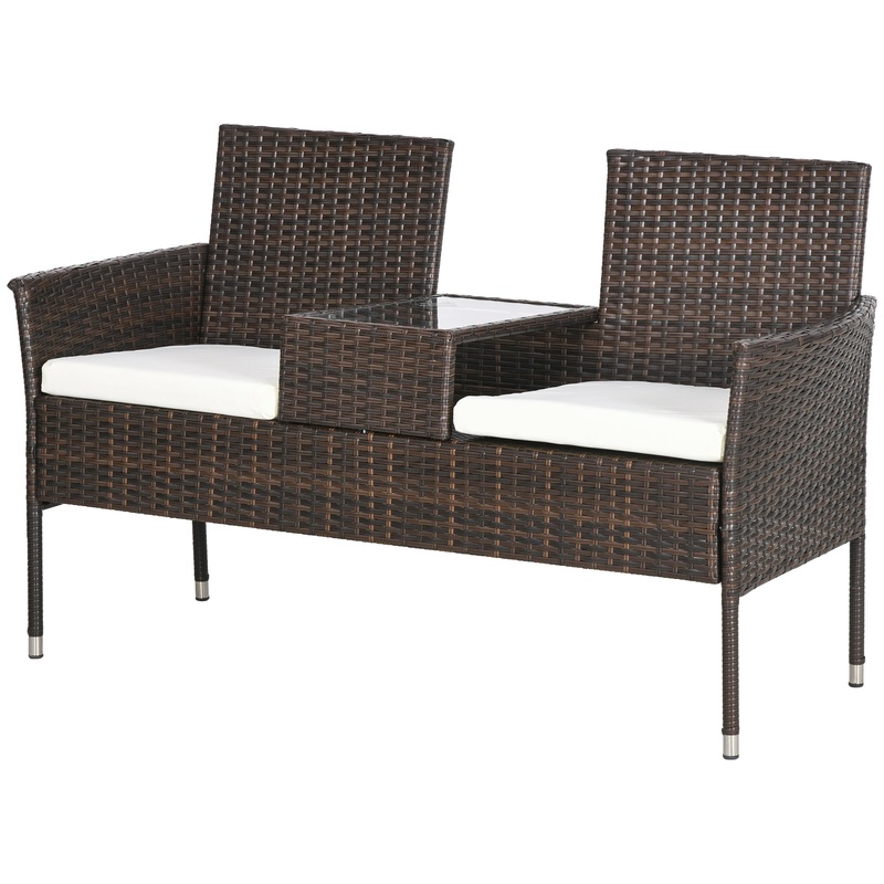 Two-Seat Rattan Chair, with Middle Table – Brown