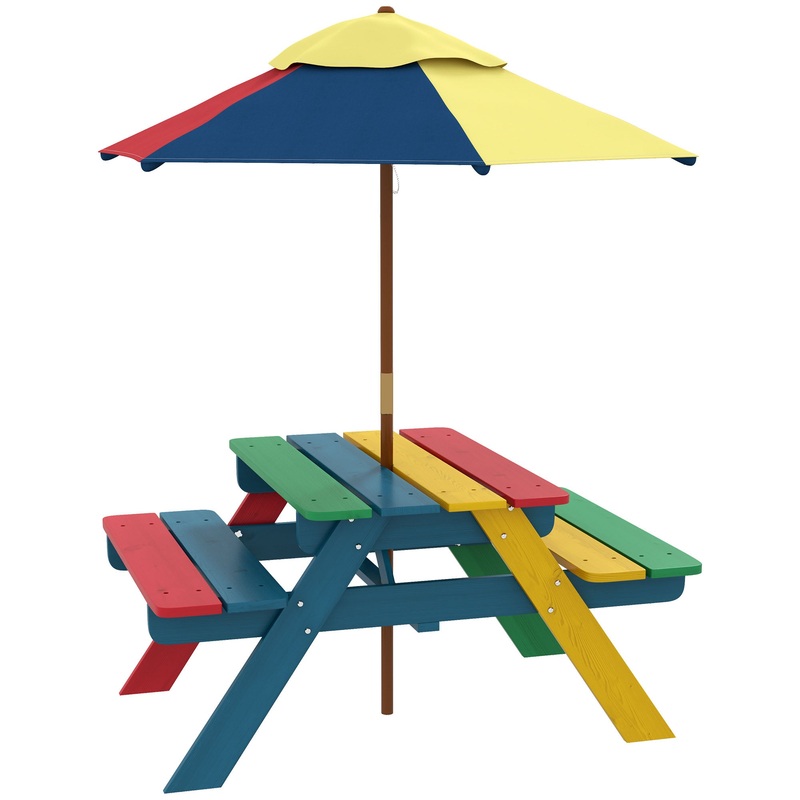 Wooden Kids Table and Chair Set with Removable Parasol, for Ages 3-6 Years – Multicoloured