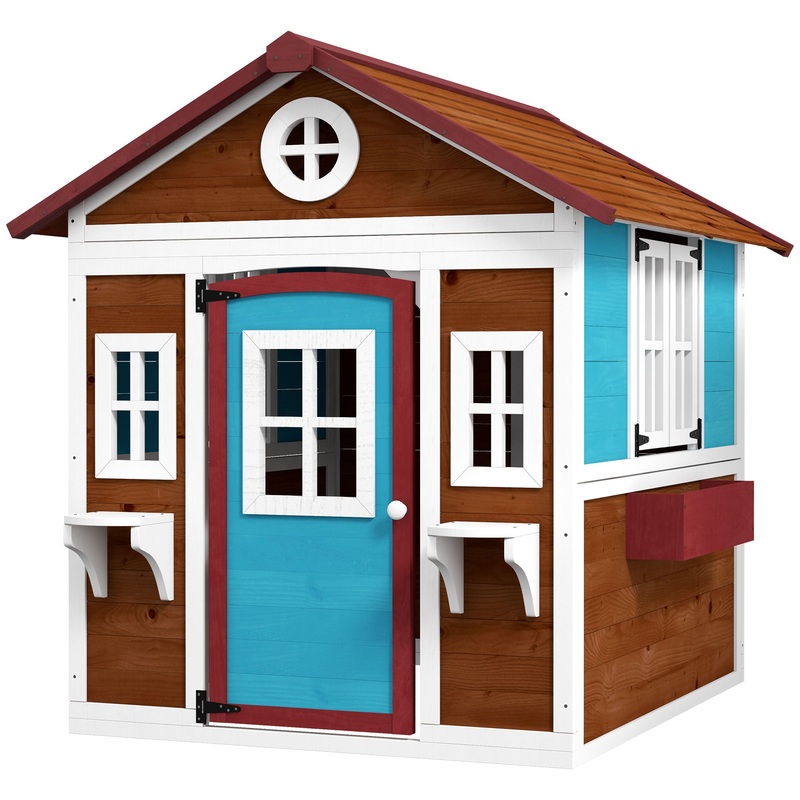 Wooden Playhouse with Doors, Windows, Plant Pots, Boxes, for 3-8 Years – Brown