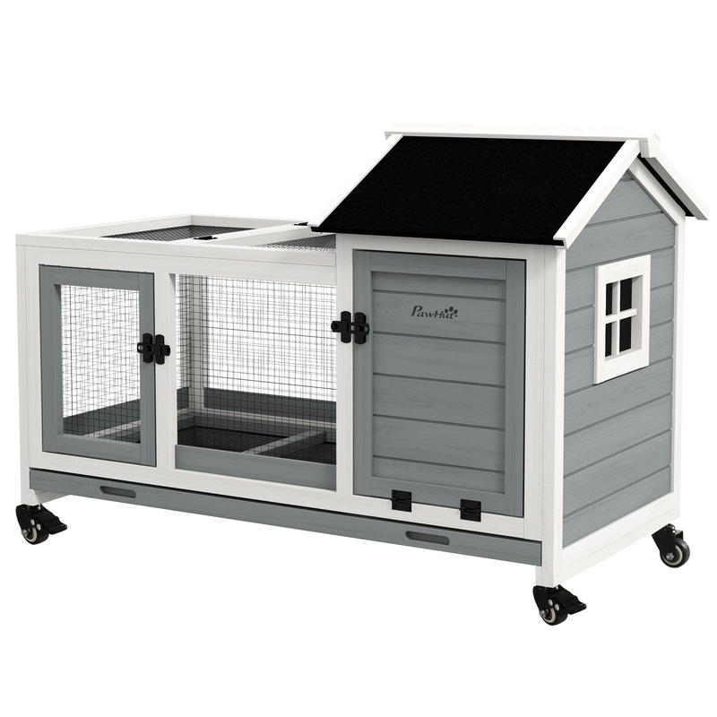 Wooden Rabbit Hutch, Guinea Pig Cage, with Removable Tray, Wheels – Grey