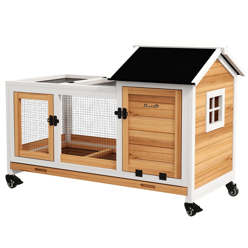 Wooden Rabbit Hutch, Guinea Pig Cage, with Removable Tray, Wheels – Yellow
