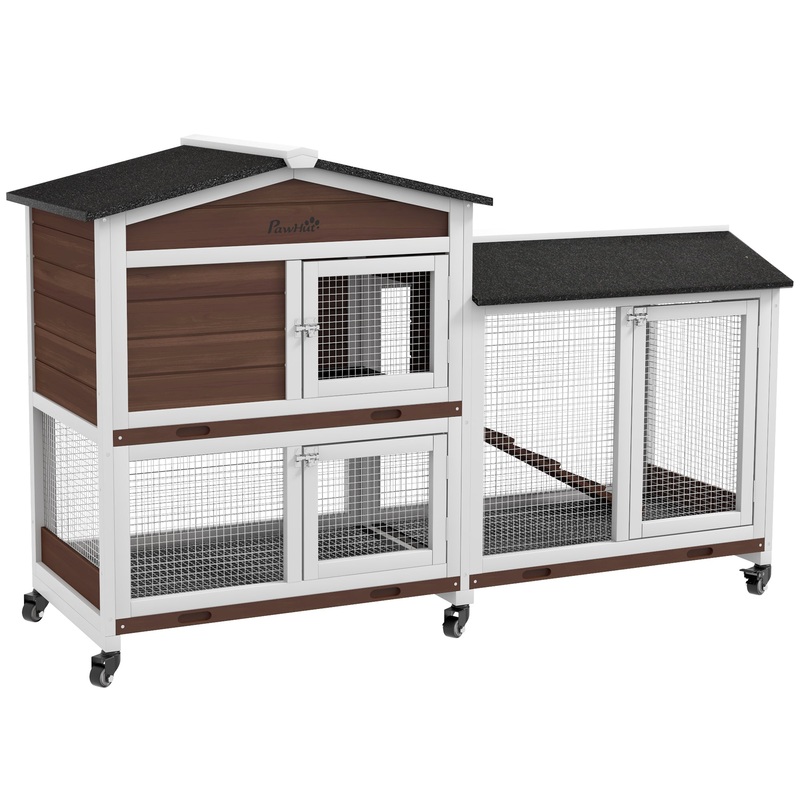 Wooden Two-Tier Pet Hutch with Wheels, Run – Brown