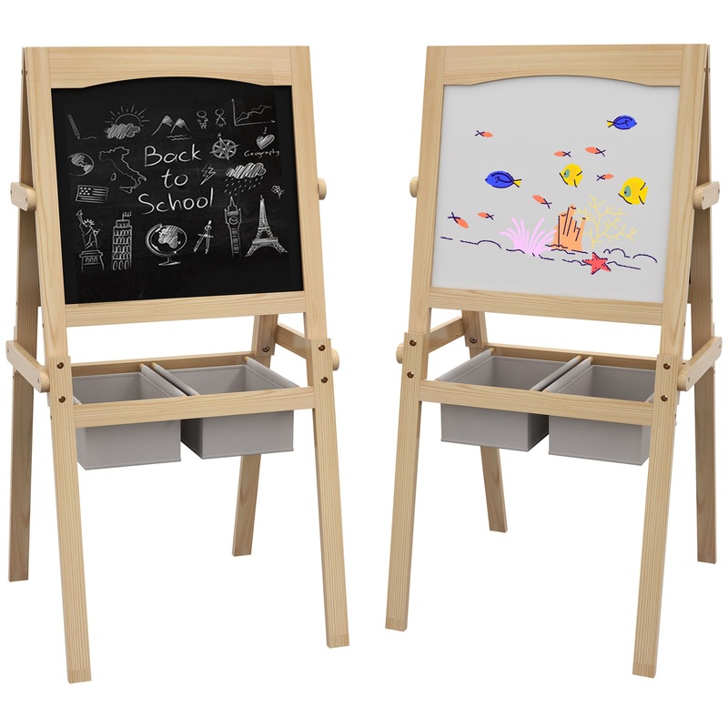 3 in 1 Kids Easel with Paper Roll, Storage Baskets – Natural