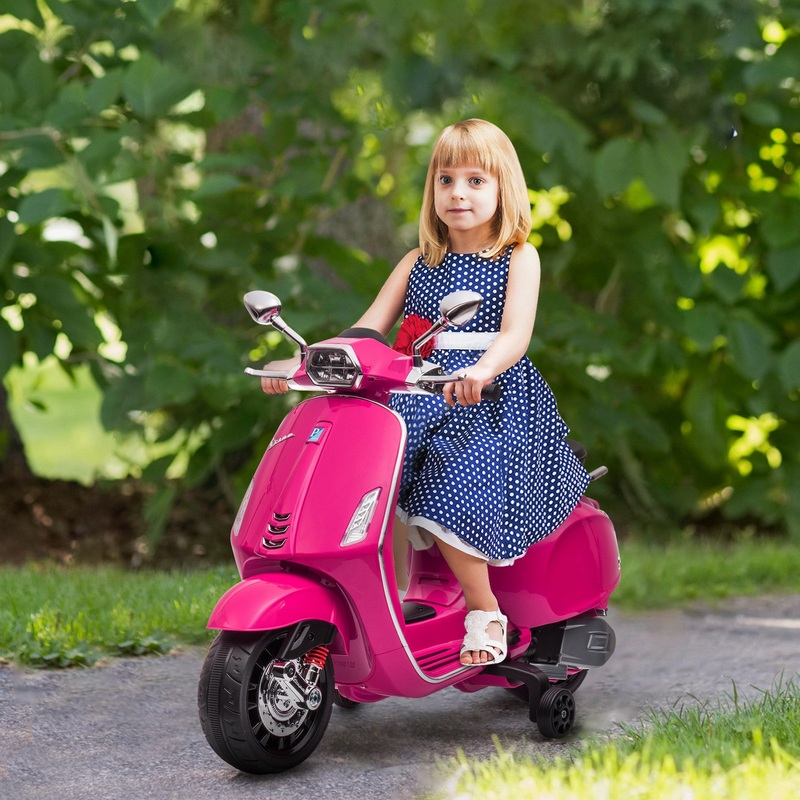 Vespa Licensed 12V Kids Electric Motorbike w/ 2 Training Wheels – Pink