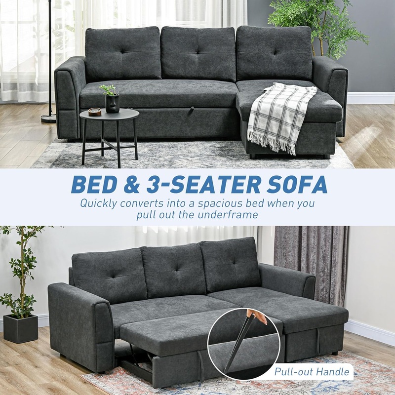 3 Seater Sofa Bed, L-Shaped Corner Sofa, Pull Out Sofa with Storage, Convertible Click Clack Settee Sectional Sleeper Futon for Living Room, Dark Grey