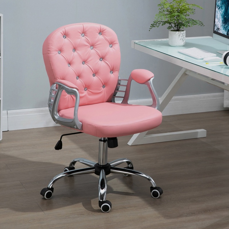 Office Chair PU Diamante Padded Ergonomic 360 Swivel Pink