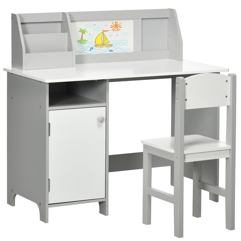 2 PCs Childrens Table and Chair Set w/ Whiteboard Storage – Grey