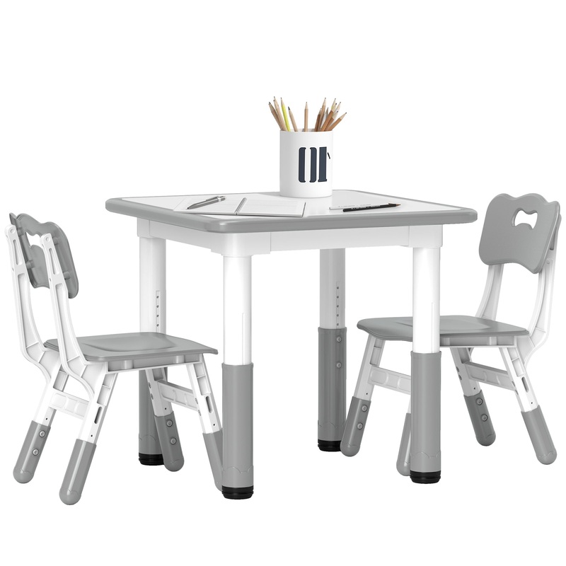 3 Pcs Height Adjustable Kids Table and Chair Set for Playroom – Grey