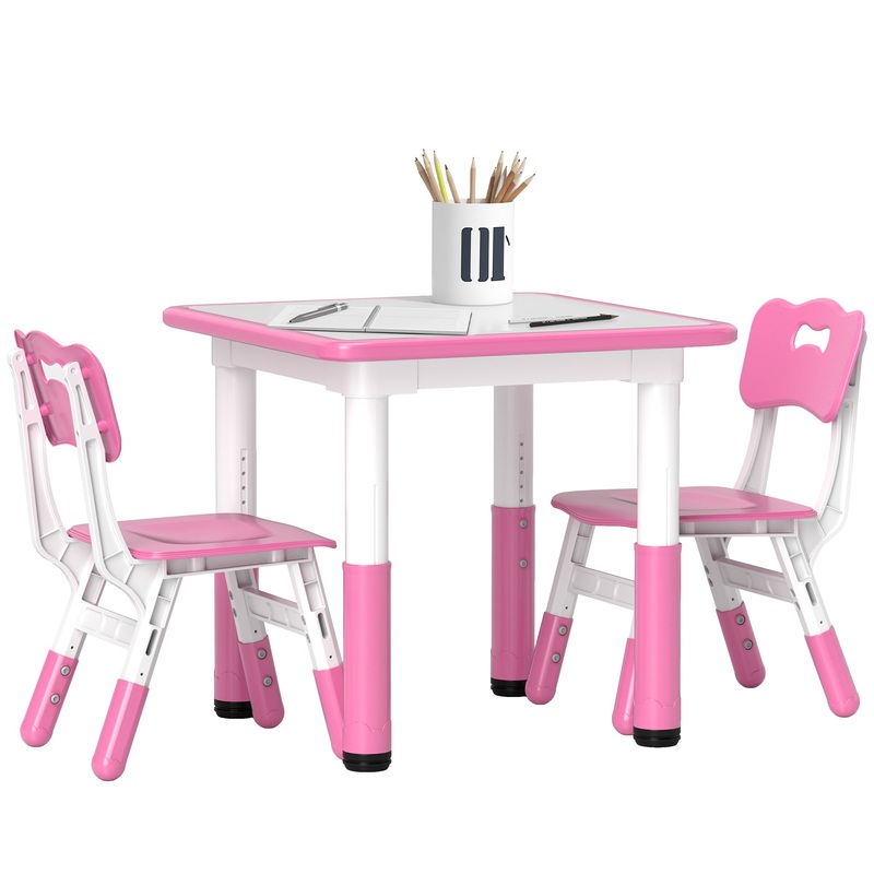 3 Pcs Height Adjustable Kids Table and Chair Set for Playroom – Pink
