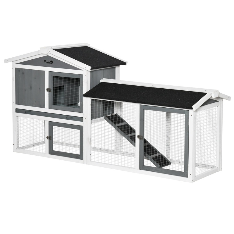 Two-Tier Wooden Rabbit Hutch w/ Run Box, Slide-Out Tray, Ramp – White