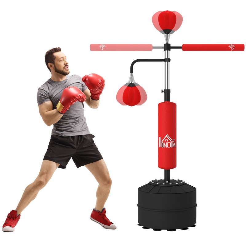 3-in-1 Boxing Punching Bag Free Standing with 2 Speed Balls, 360 Relax Bar, PU-Wrapped Boxing Bag and Fillable Base, 160-230cm Adjustable Height, Red