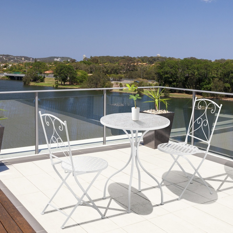 3 Piece Garden Bistro Set, Folding Outdoor Chairs and Mosaic Round Tabletop for Outdoor, Metal, Balcony, Poolside, White
